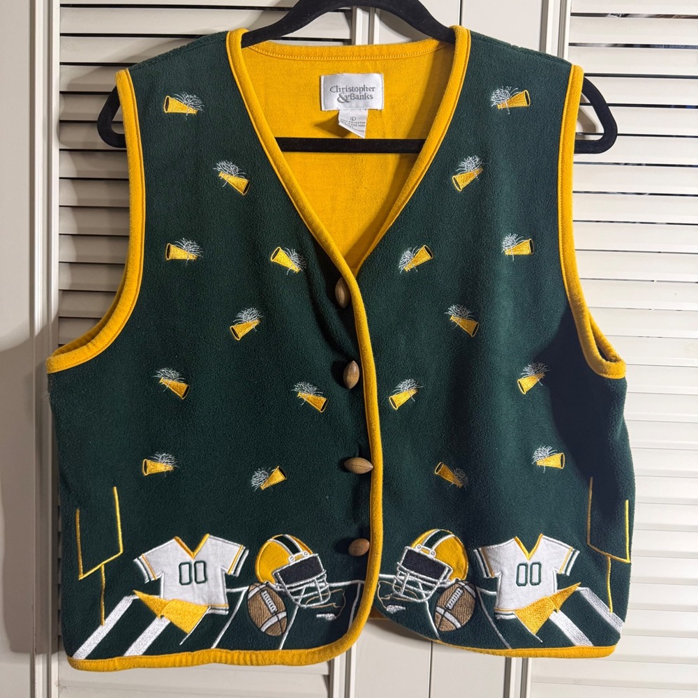 Christopher & Banks Green Bay Packers Football Fleece Vest Novelty Game Large